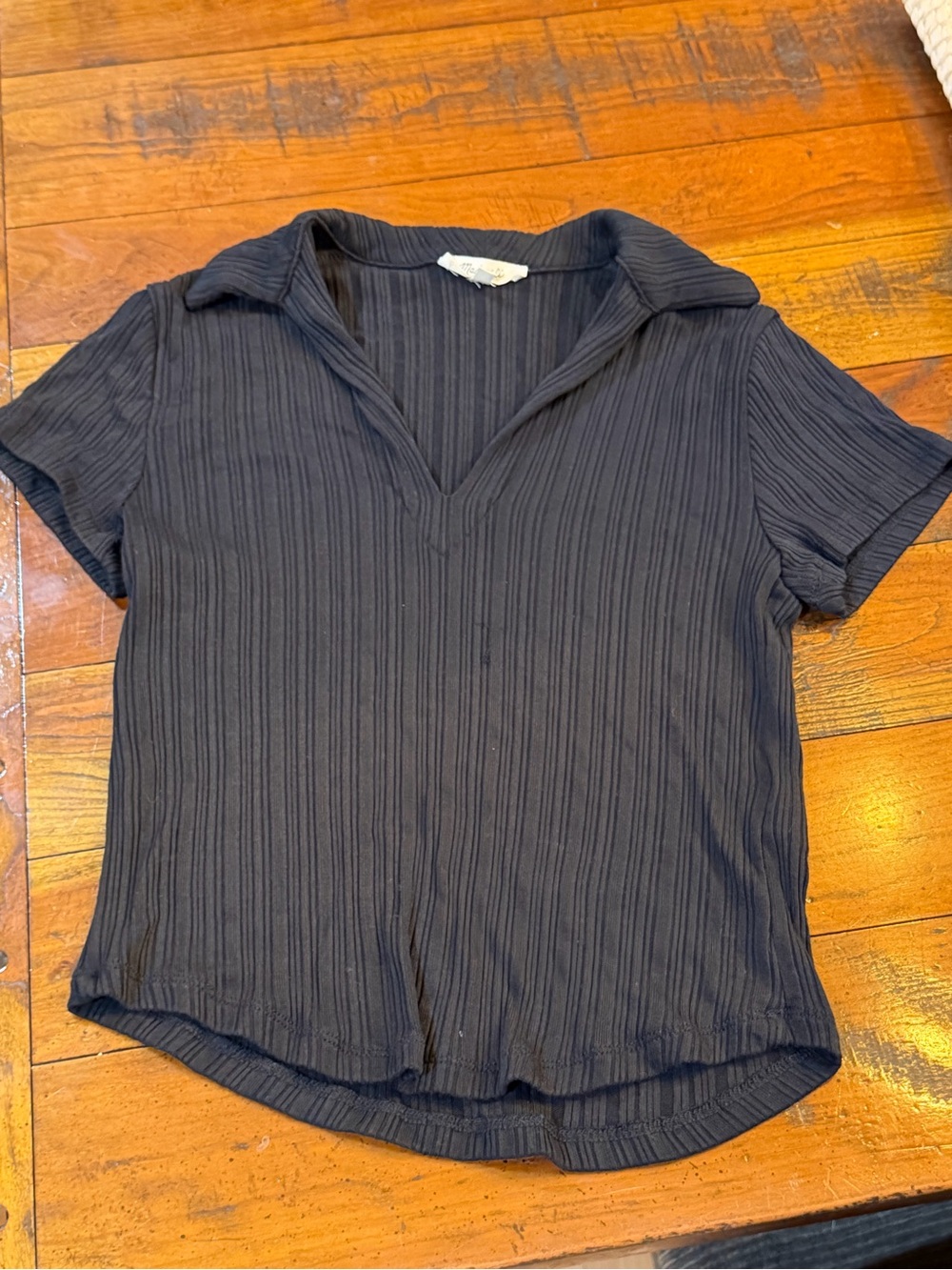 Madewell Black Ribbed Short-Sleeve V-Neck Polo Top